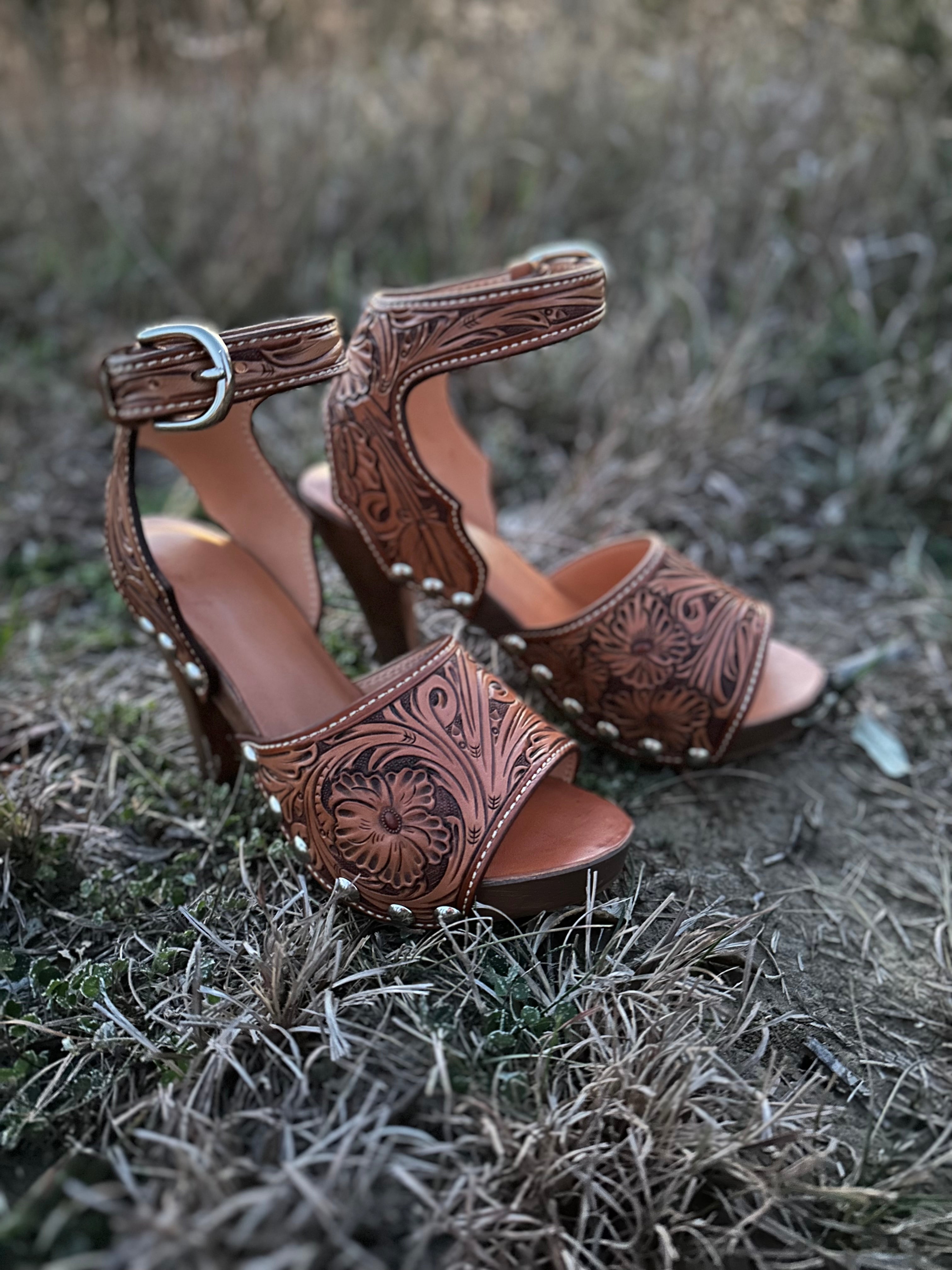 Tooled store leather wedges