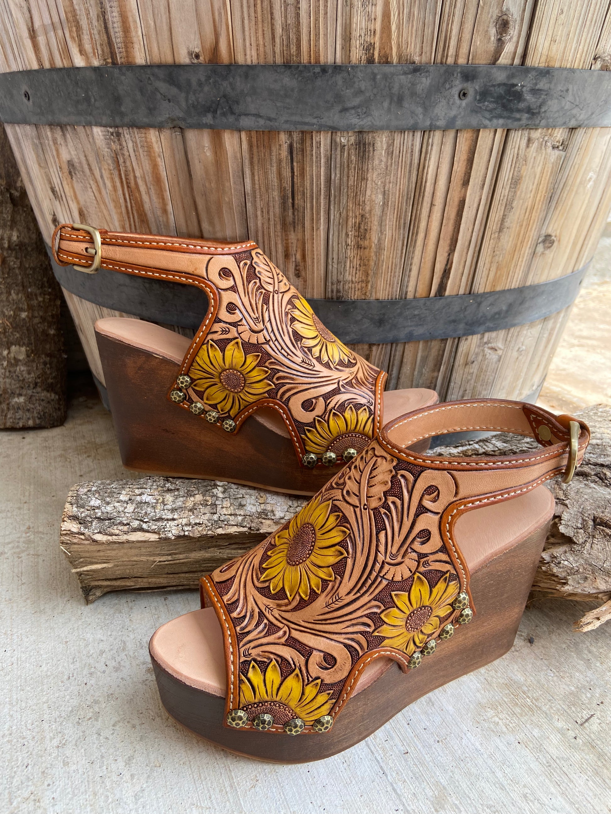 Tooled leather wedge sandals sales